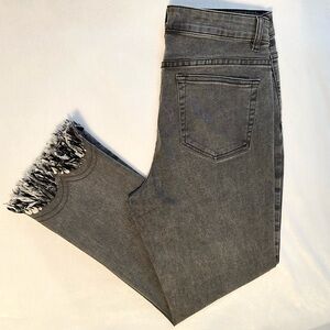 John Mark Cropped Black Jeans B&W Fringe Fray Hem Pant Womens 10 Boho Stretch
